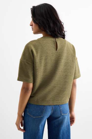 Femmes - T-shirt - regular fit - finition côtelée - vert foncé