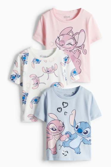 Kinder Mädchen - Multipack 3er - Lilo & Stitch - Kurzarmshirt - Glanz-Effekt - rosa / hellblau