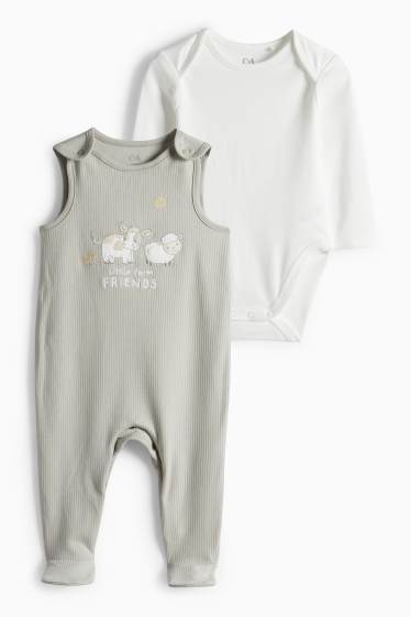 Baby Jungen - Schäfchen, Kuh und Küken - Strampler-Set - 2 teilig - weiss / grau