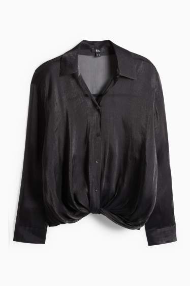 Dames - Blouse met geknoopt detail - glanzend - zwart