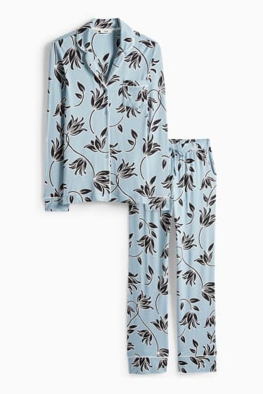 Dames - Pyjama van viscose - gebloemd - blauw