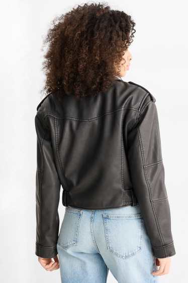 Dames - Bikerjack met ceintuur - imitatieleer - zwart