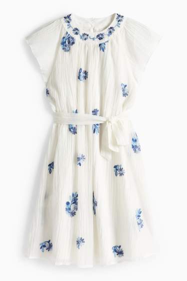 Children Girls - Floral - dress - shiny - blue / creme