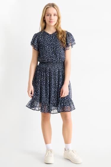 Bambine - Vestito di chiffon - a fiori - blu scuro