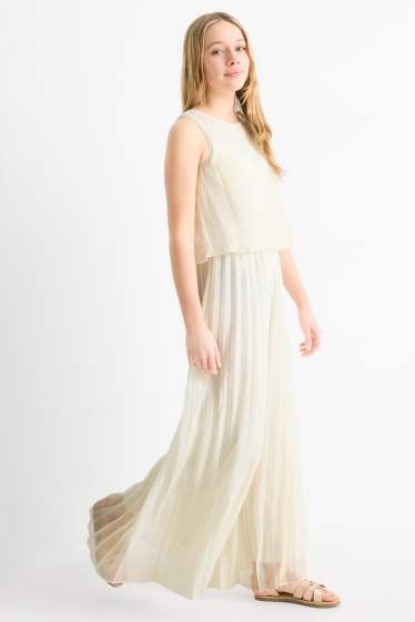 Kinder Mädchen - Plissee-Jumpsuit - Glanz-Effekt - cremeweiss