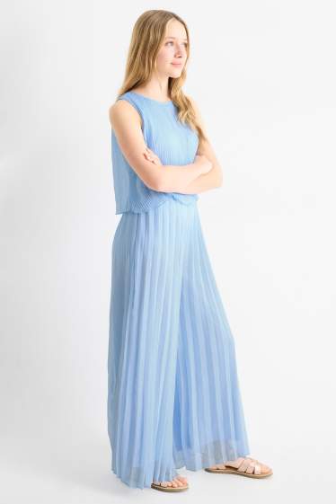 Kinder Mädchen - Plissee-Jumpsuit - Glanz-Effekt - hellblau