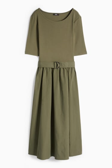 Dámské - Šaty fit & flare s páskem - khaki