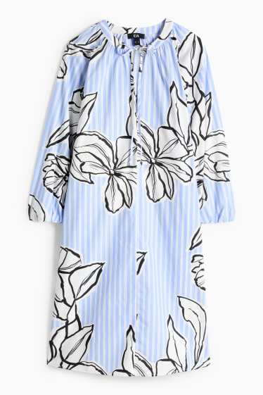 Femmes - Robe évasée - finition à rayures - à fleurs - bleu / blanc