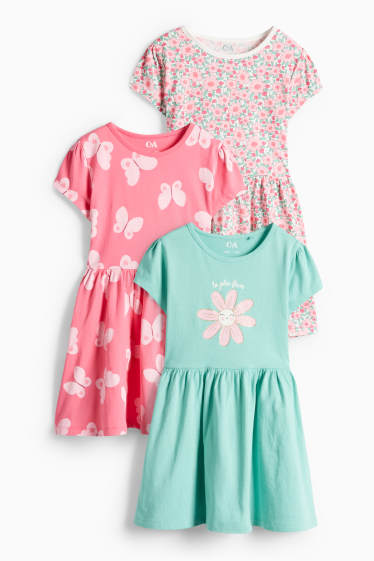Děti - dívky - Multipack 3 ks - květiny a motýli - šaty - růžová/tyrkysová