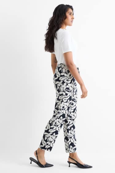 Donna - Pantaloni - vita alta - tapered fit - a fiori - blu scuro / bianco crema