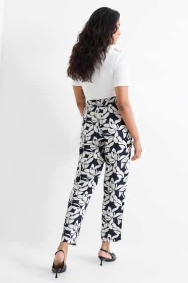 Donna - Pantaloni - vita alta - tapered fit - a fiori - blu scuro / bianco crema