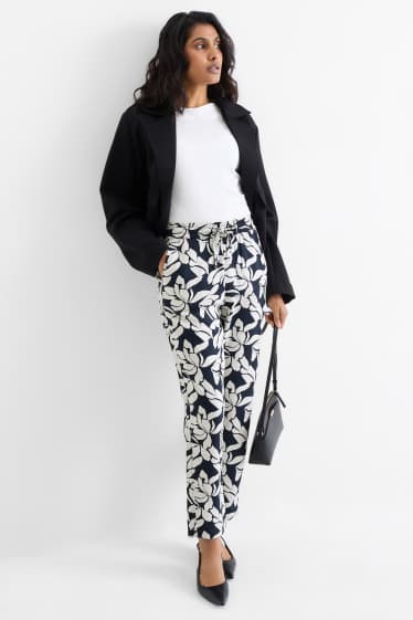 Donna - Pantaloni - vita alta - tapered fit - a fiori - blu scuro / bianco crema