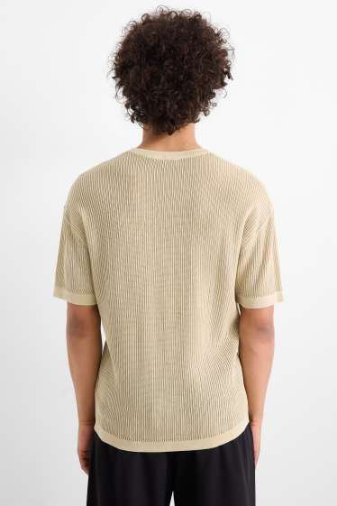 Men - Knitted jumper - short sleeve - ribbed - beige