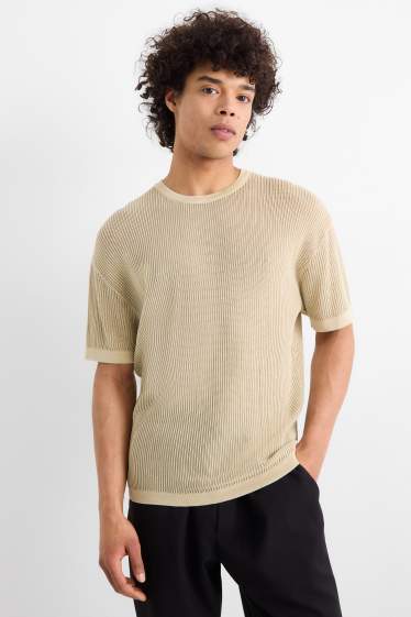 Men - Knitted jumper - short sleeve - ribbed - beige