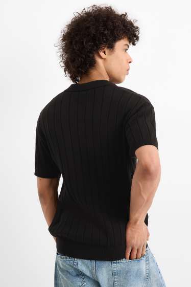 Men - Knitted polo shirt - regular fit - ribbed - black