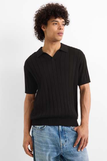 Men - Knitted polo shirt - regular fit - ribbed - black