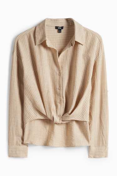 Women - Blouse with knot detail - striped - beige