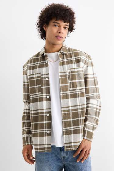 Heren - Overhemd - relaxed fit - Kent - geruit - bruin / crème wit