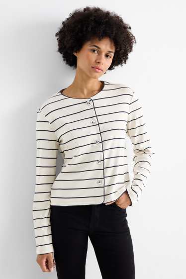 Donna - Cardigan - a coste - a righe - bianco crema