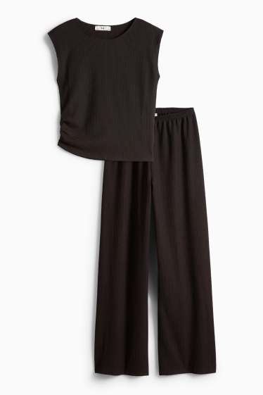 Enfants filles - Ensemble - haut et pantalon en jersey - 2 pièces - finition texturée - marron foncé