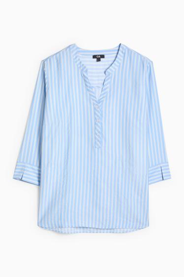 Dámské - Halenka s výstřihem ve tvaru V - pruhovaná - světle modrá