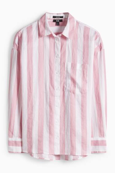 Femei - Bluză tip cămașă din in - cu dungi - alb / roz
