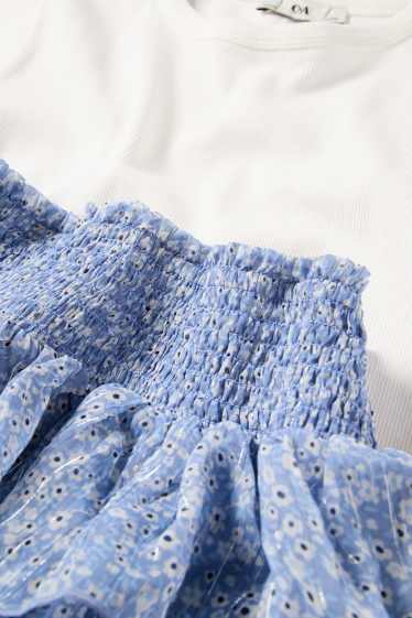 Copii - Fete - Floare - set - tricou cu mânecă scurtă și fustă - 2 piese - albastru / alb