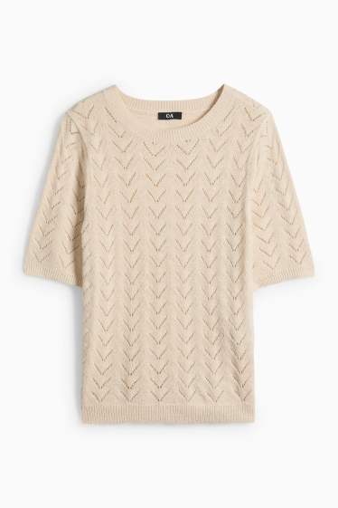 Femei - Pulover tricotat - mânecă scurtă - bej