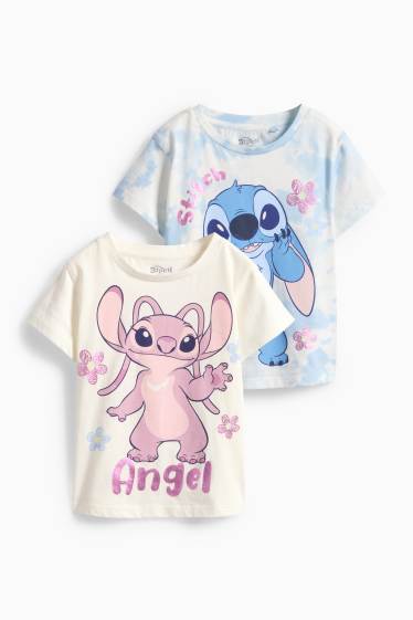 Kinderen: meisjes - Set van 2 - Lilo & Stitch - T-shirt - glanseffect - roze / blauw