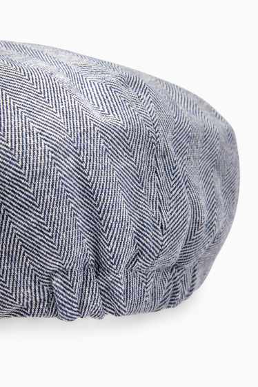 Heren - Flat cap, deels van linnen - met patroon - blauw