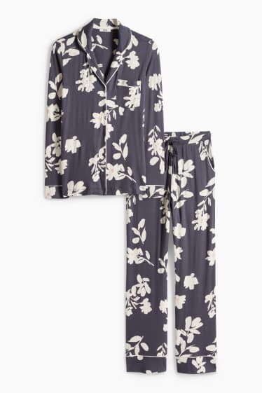 Dames - Pyjama van viscose - gebloemd - donkerblauw / crème wit
