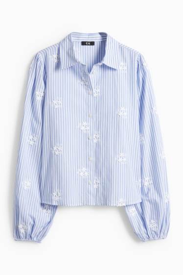 Femei - Bluză tip cămașă - cu dungi - cu flori - alb / albastru deschis