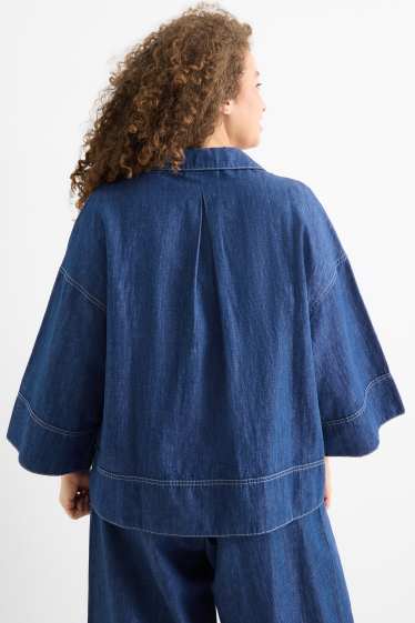 Women - Denim blouse with V-neck and linen content - dark blue