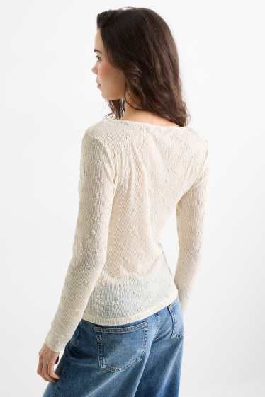 Dames - Longsleeve - slim fit - ribstof - met structuur - beige