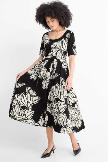 Damen - Fit & Flare Kleid mit Gürtel - geblümt - strukturiert - schwarz / beige