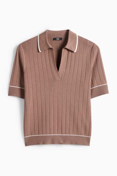 Dames - Gebreide trui - korte mouw - geribd - bruin