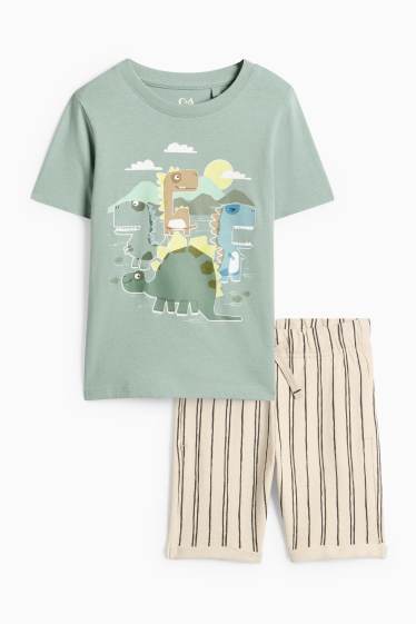 Kinder Jungen - Dino - Set - Kurzarmshirt und Sweatshorts - 2 teilig - beige / grün