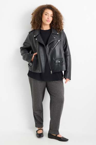 Dámské - Žerzejové kalhoty - mid waist - tapered fit - strukturované - šedá-žíhaná