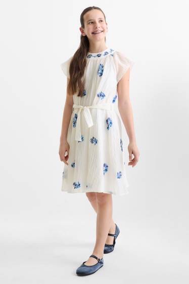 Children Girls - Floral - dress - shiny - blue / creme