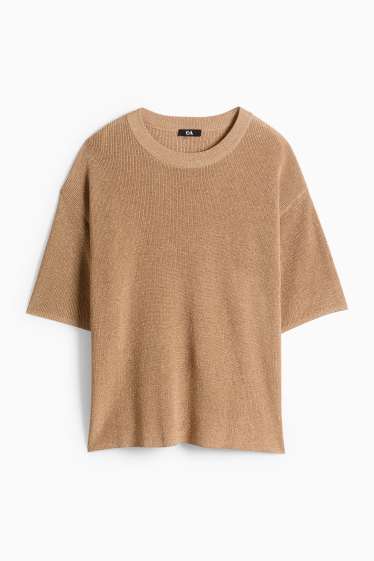Dona - Jersei de punt de mitja - mànigues curtes - acanalat - efecte brillant - beix