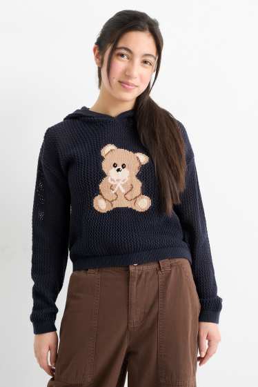 Enfants filles - Teddy bear - pull à capuche - texturé - bleu foncé