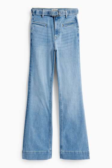 Femei - Flared jeans cu curea - talie înaltă - LYCRA® - albastru deschis