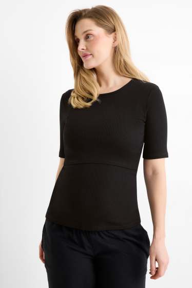 Damen - Still-T-Shirt - Slim Fit - gerippt - schwarz