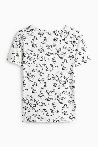 Dámské - Tričko - slim fit - s květinovým vzorem - bílá/černá