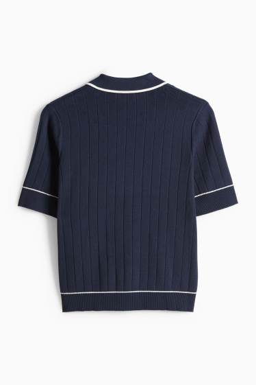 Women - Knitted jumper - short sleeve - ribbed - dark blue / white