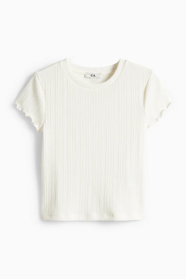 Damen - Crop T-Shirt - Slim Fit - gerippt - cremefarben