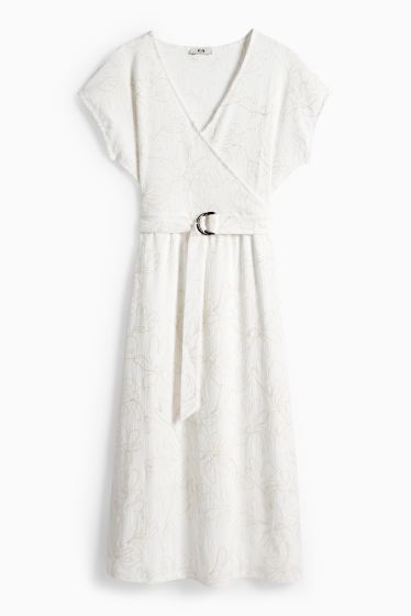 Donna - Vestito fit & flare con cintura - a fiori - tessuto tramato - bianco crema