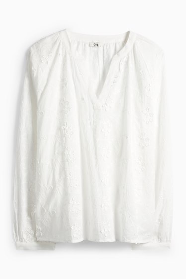 Dames - Blouse met V-hals - gebloemd - met structuur - wit