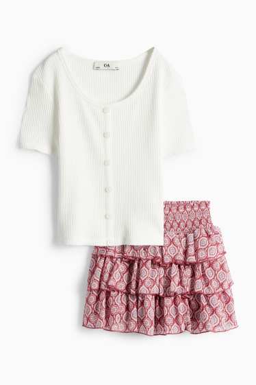 Kinderen: meisjes - Set - T-shirt en rok - 2-delig - wit / donkerrood