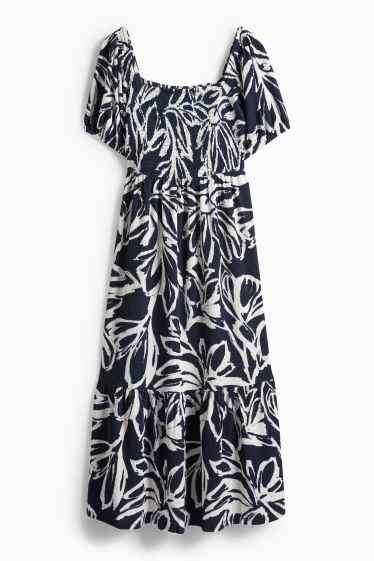 Damen - Fit & Flare Kleid - geblümt - strukturiert - gesmokt - dunkelblau / cremeweiß